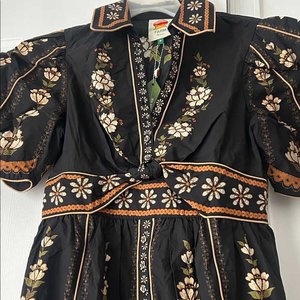 FARM Rio Black and Orange Floral Long Sleeve midi Dress